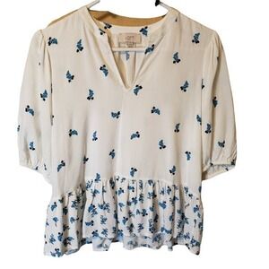 LOFT White Flowy Blouse with Blue Flowers | Size XS
